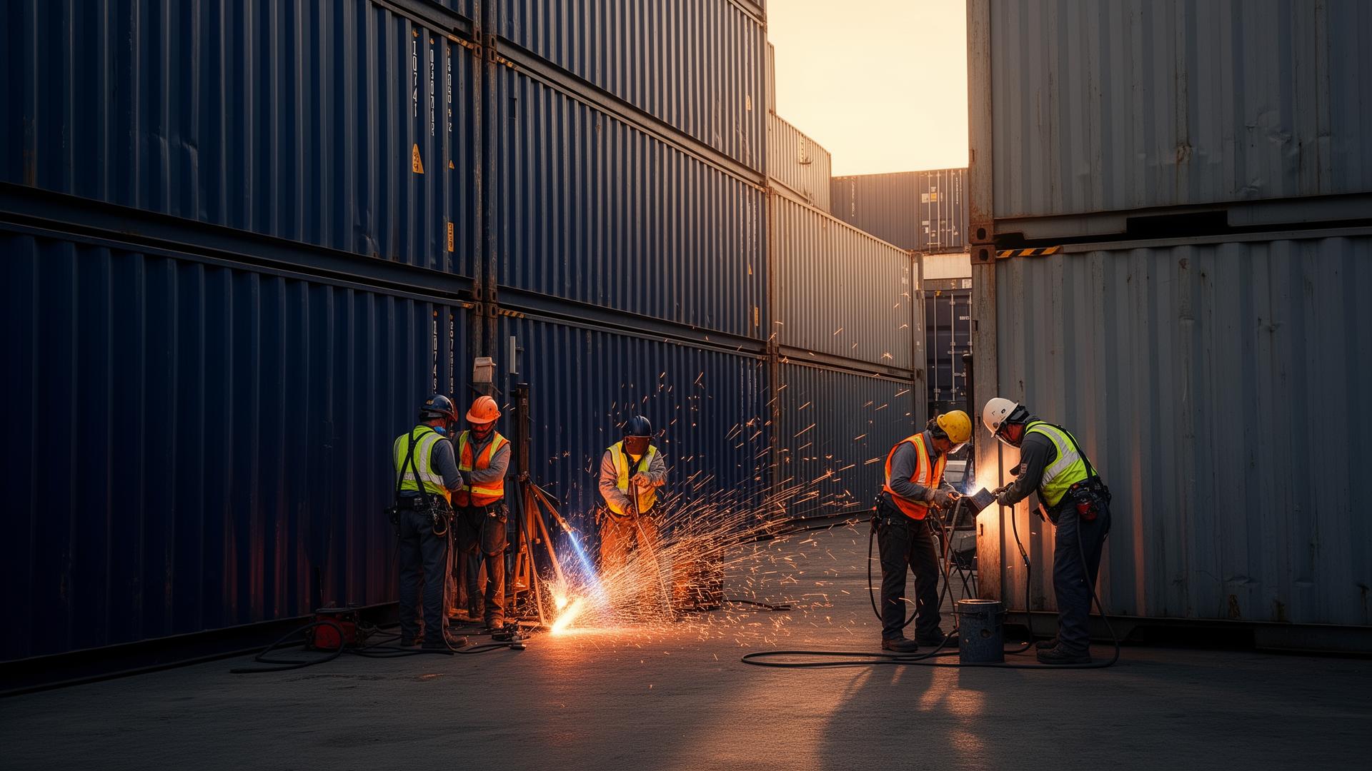 Industrial workers repairing shipping containers